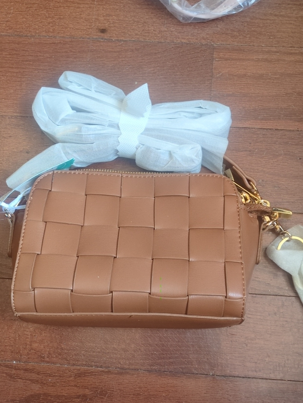 Woven Crossbody Bag in Tan with Gold Hardware